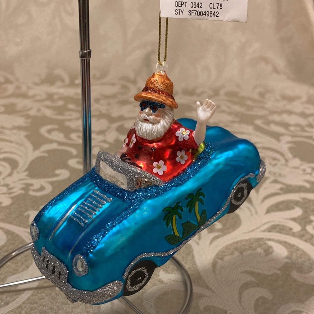 Tropical Santa in Blue Car Ornament